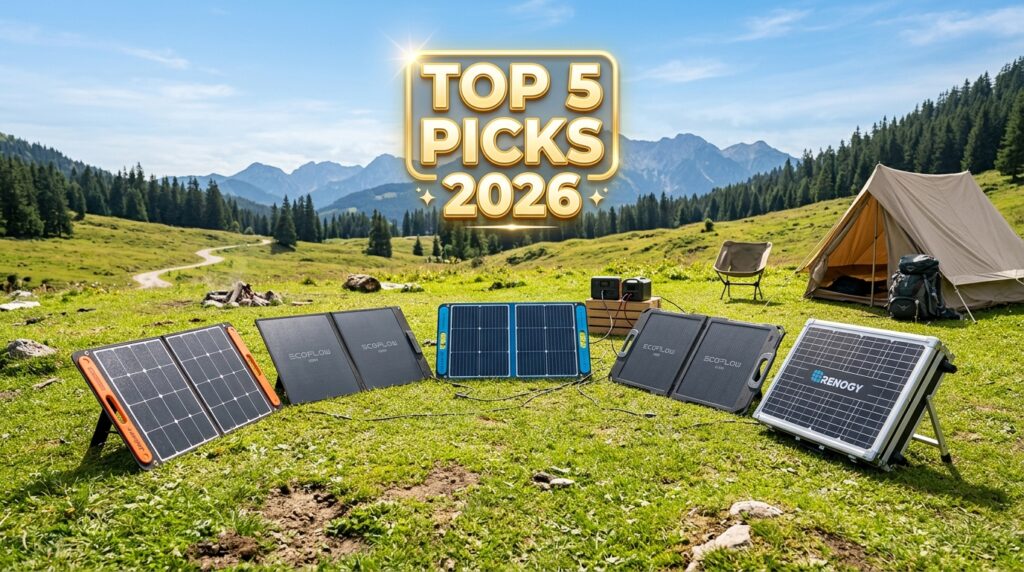 Lineup of the top 5 best portable solar panels for camping in 2026 including Jackery, EcoFlow, BLUETTI, and Renogy