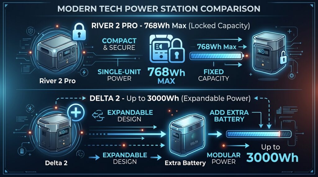 Infographic chart showing EcoFlow Delta 2 expandability vs River 2 Pro