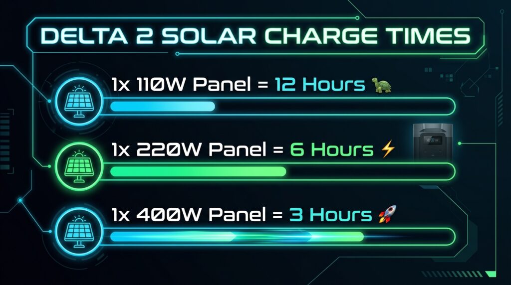 Infographic chart showing charge times for EcoFlow DELTA 2 using 220W and 400W solar panels