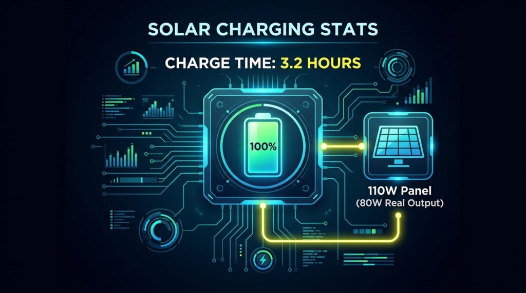 Infographic chart showing how long it takes to charge the EcoFlow River 2 with a 110W solar panel