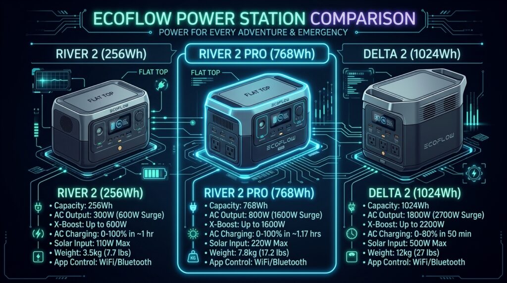 Chart comparing EcoFlow River 2 vs River 2 Pro vs Delta 2 capacity and usage