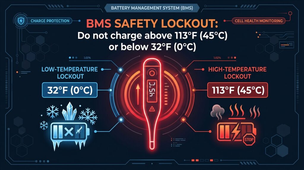 Infographic explaining EcoFlow temperature warning icons and charging limits
