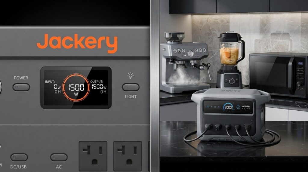 Comparing the 2000W and 1500W AC outputs in the jackery explorer 1000 v2 vs anker solix c1000 battle.
