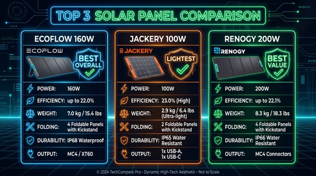 Chart comparing the best portable solar panels for camping by weight, wattage, and waterproof rating