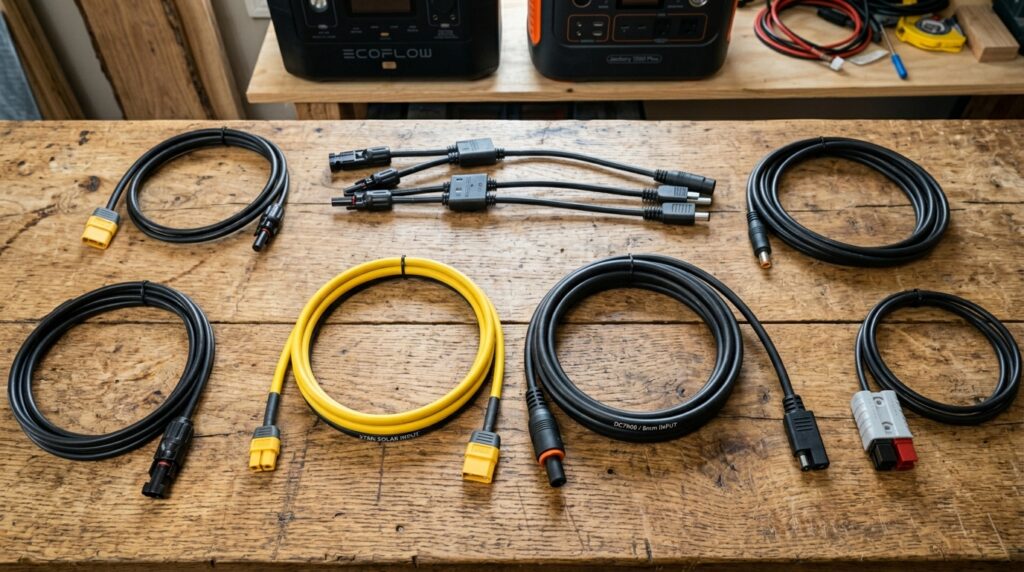 Various replacement cables for EcoFlow and Jackery portable power stations including XT60i and 8mm connectors on a wooden table
