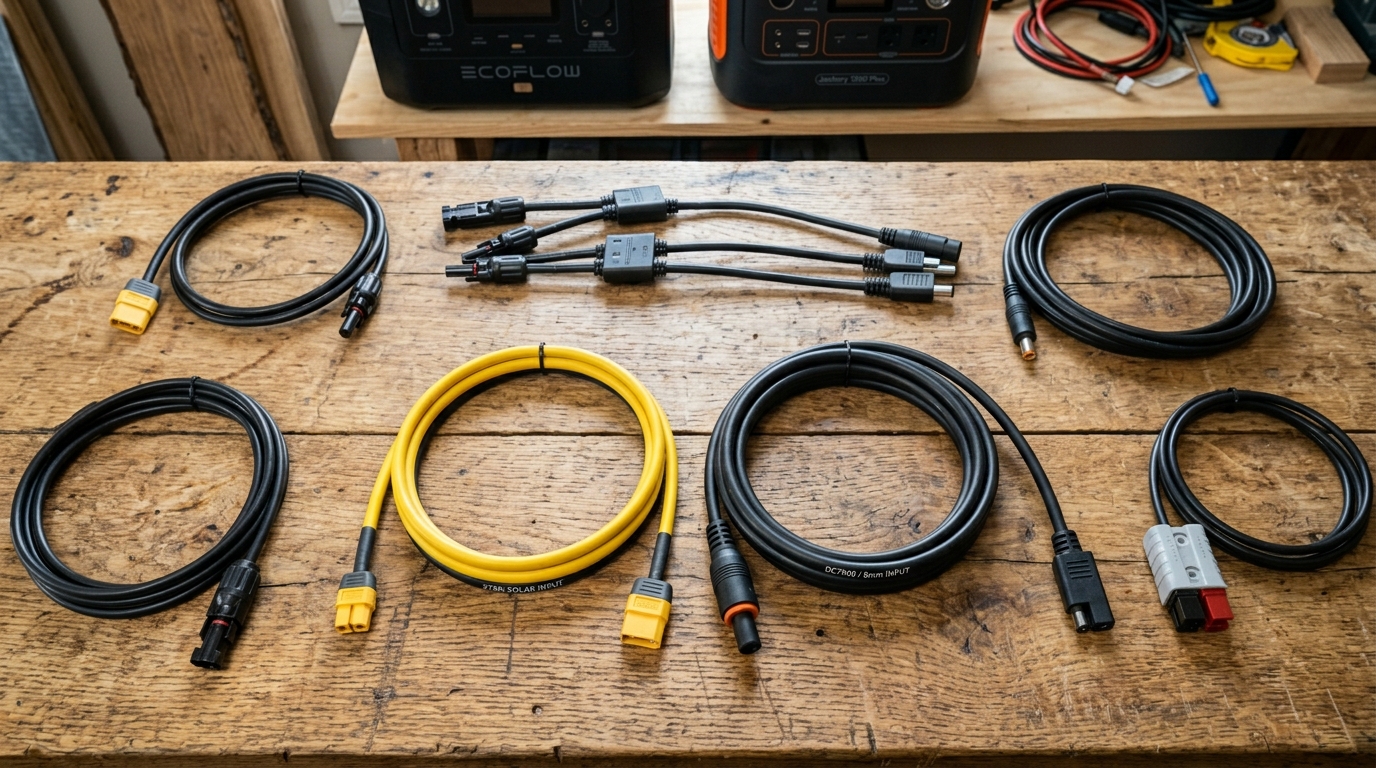 Various replacement cables for EcoFlow and Jackery portable power stations including XT60i and 8mm connectors on a wooden table