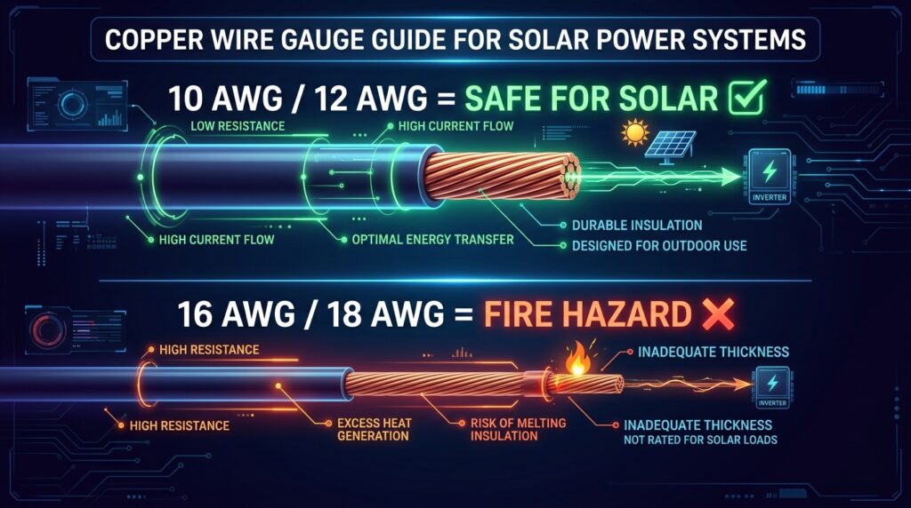 Infographic explaining AWG wire thickness for solar panel replacement cables