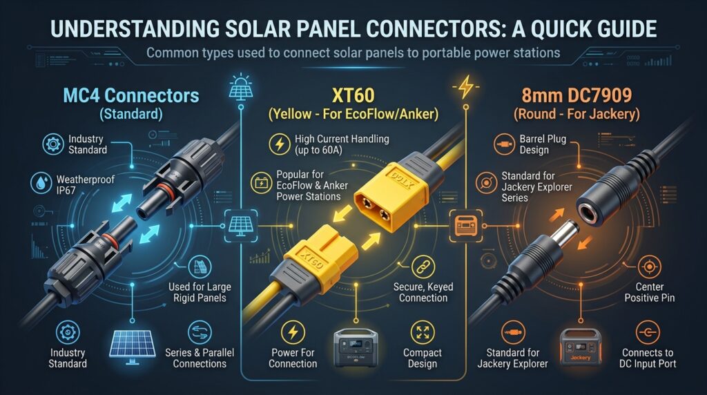 Infographic showing MC4 connectors, XT60 for EcoFlow, and 8mm DC7909 for Jackery