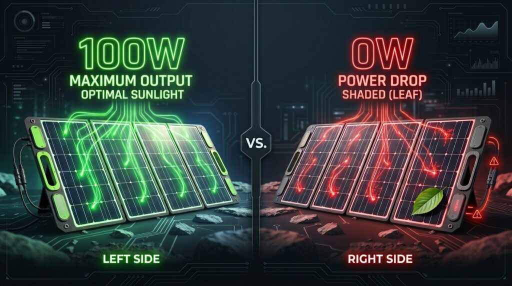 Infographic showing how a single leaf shadow reduces a portable solar panel output from 100W to 0W