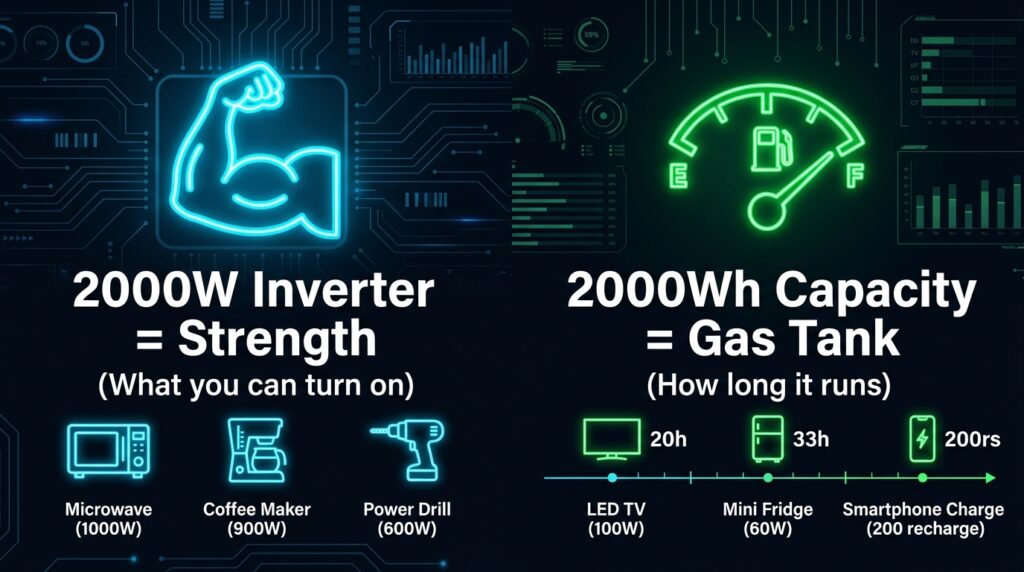 Infographic explaining the difference between Inverter Watts and Battery Watt-hours