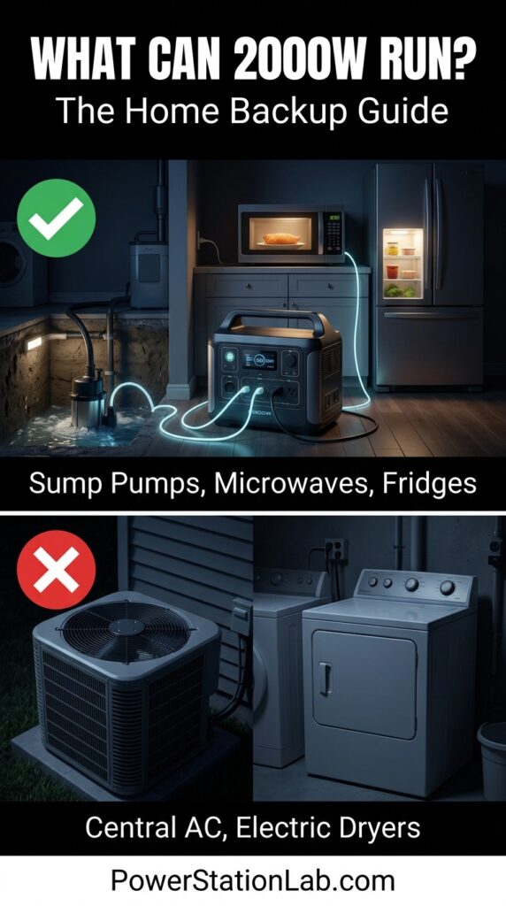 Pinterest infographic showing what a 2000W portable power station can run like sump pumps and fridges versus what it cannot run like central AC
