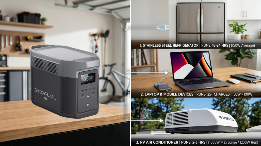 An official infographic explaining what can a 2000w portable power station run including a refrigerator, laptop, and RV air conditioner.