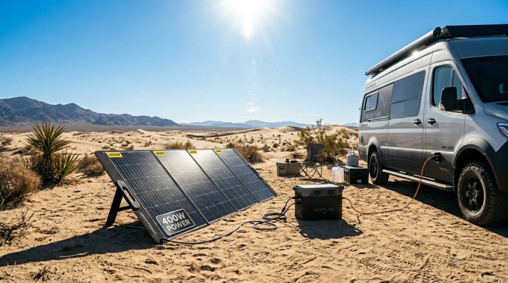 Infographic showing what can a 400w solar panel run including RV AC and fridge