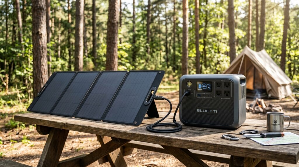 Best solar panels for BLUETTI AC180 charging outdoors during a sunny camping trip.