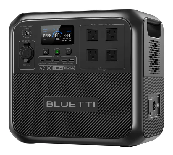 BLUETTI AC180 1152Wh portable power station isolated on white background.