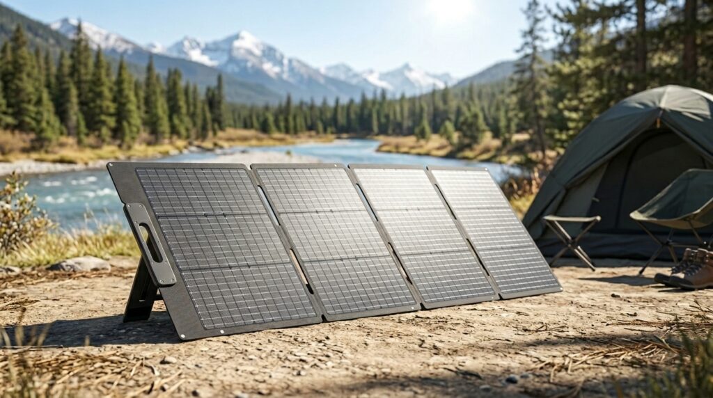 BLUETTI PV200 foldable solar panel set up by a river for off-grid camping.