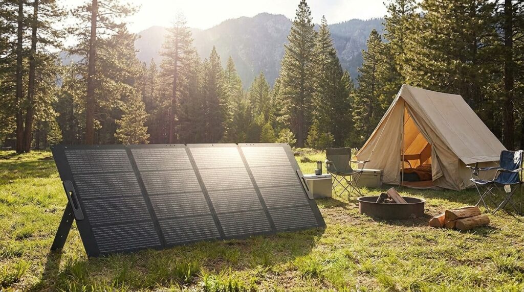 BLUETTI PV350 large 4-fold solar panel set up at a forest campsite for maximum charging speed.