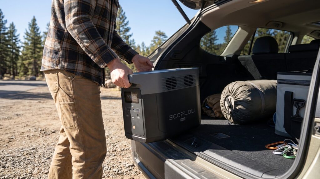 Lifting the lightweight 50 lb EcoFlow DELTA 2 Max into an SUV.