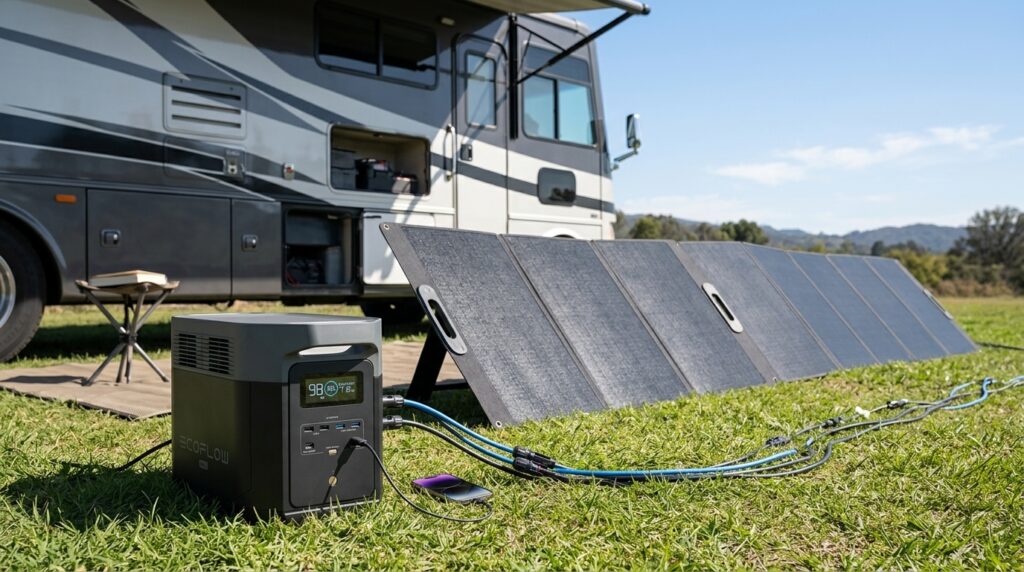 EcoFlow DELTA 2 Max portable power station being charged by solar panels outside an RV.