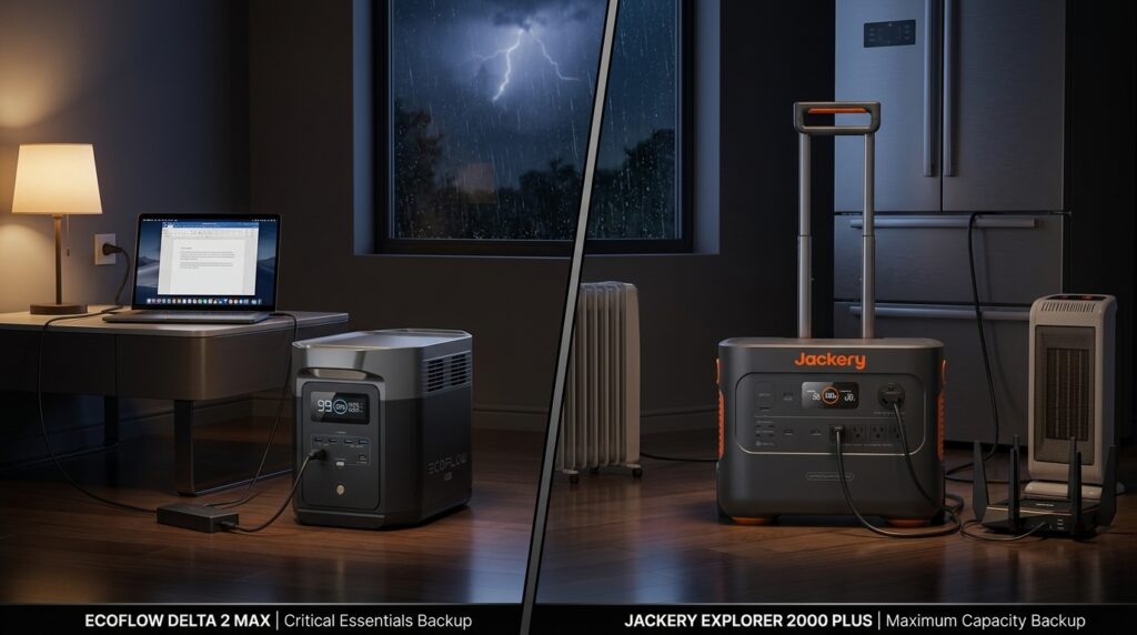 EcoFlow DELTA 2 Max vs Jackery 2000 Plus portable power stations comparison for home backup.