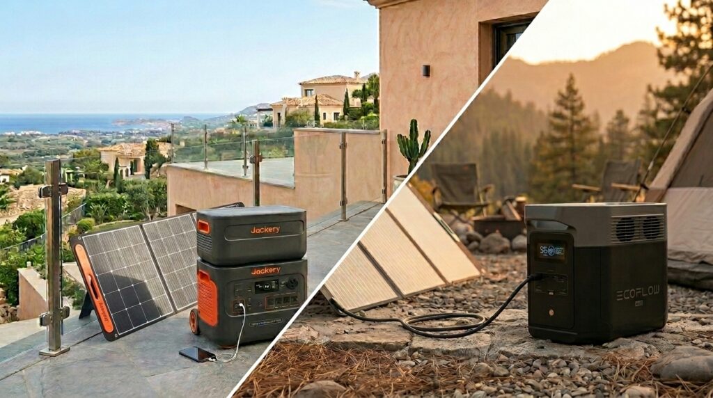 EcoFlow DELTA 2 Max and Jackery 2000 Plus connected to solar panels, showing Jackery battery expansion setup.