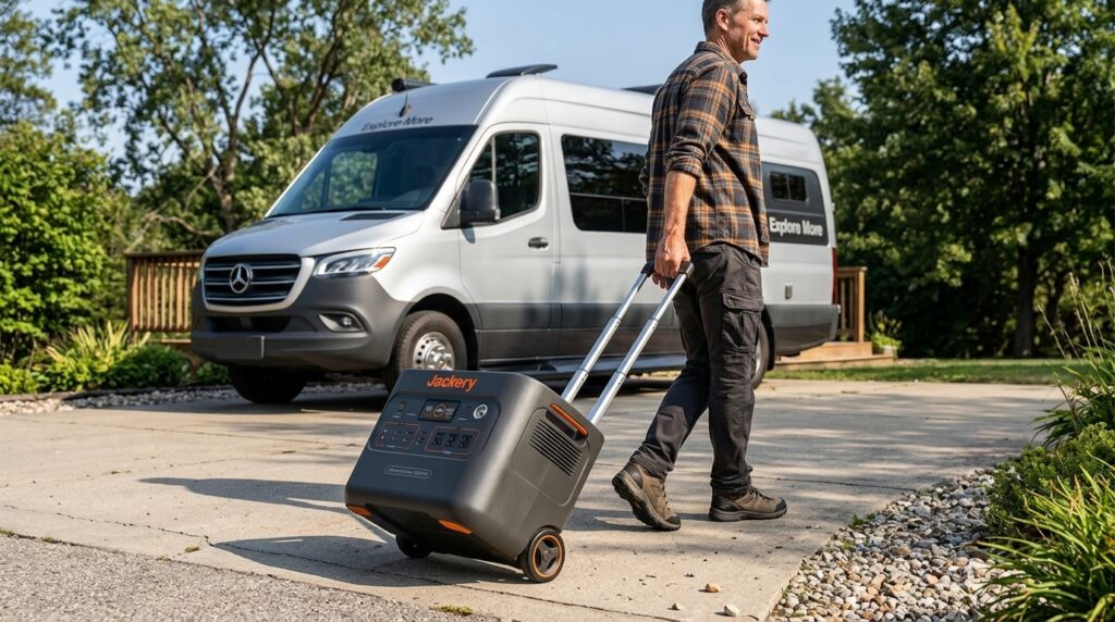 Jackery Explorer 2000 Plus review showing portability with wheels.