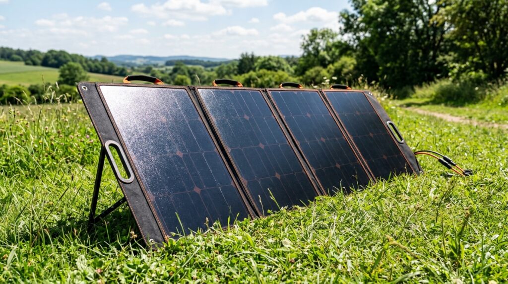 Jackery SolarSaga 200W solar panel setup on grass for fast charging.