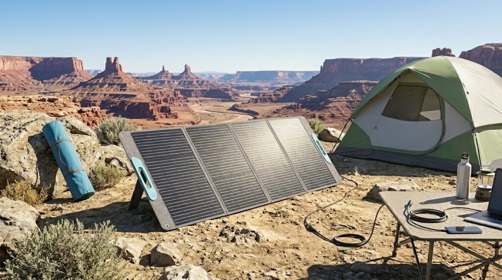 Renogy 200W foldable solar panel set up at a desert campsite for off-grid power.