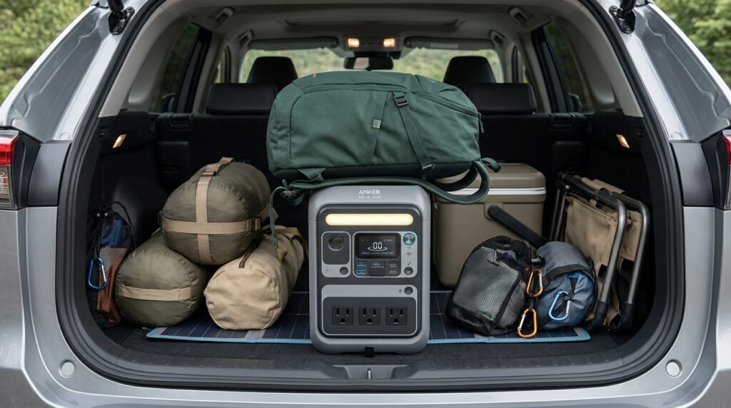 Anker SOLIX C300 flat-top design allowing camping gear to be stacked on top.