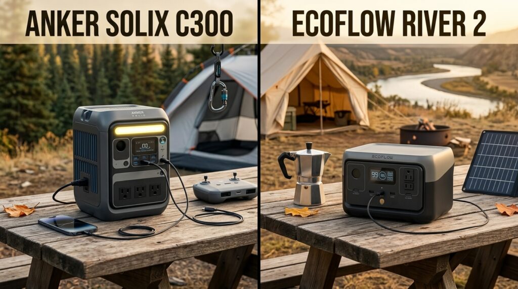 Anker SOLIX C300 vs EcoFlow RIVER 2 portable power stations comparison for camping and home backup.