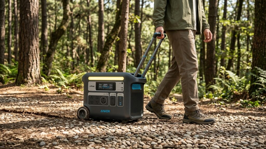 Rolling the heavy-duty Anker SOLIX F2000 using its built-in wheels and handle on a forest trail.