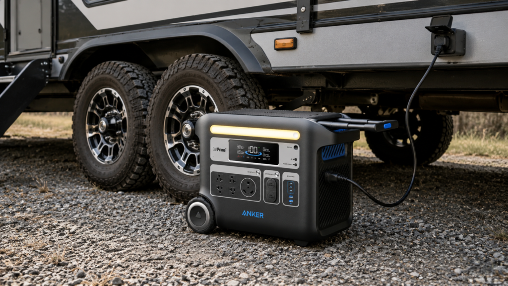 Anker SOLIX F2000 rugged portable power station with built-in RV plug.