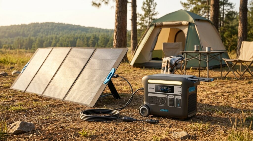Anker SOLIX F2000 portable power station charging via solar panels at a sunny campsite.