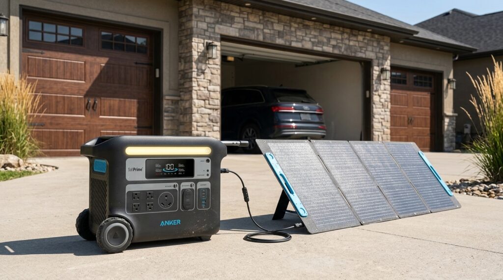 Anker SOLIX F2000 solar generator kit connected to a 200W solar panel