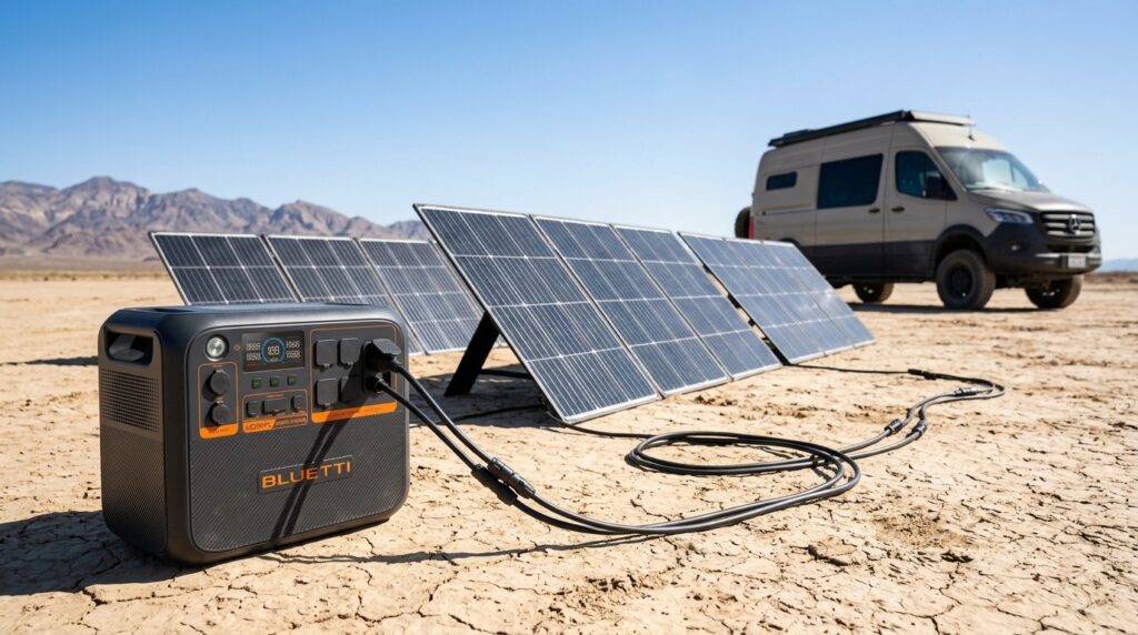BLUETTI AC200PL connected to a large solar panel array in the desert.
