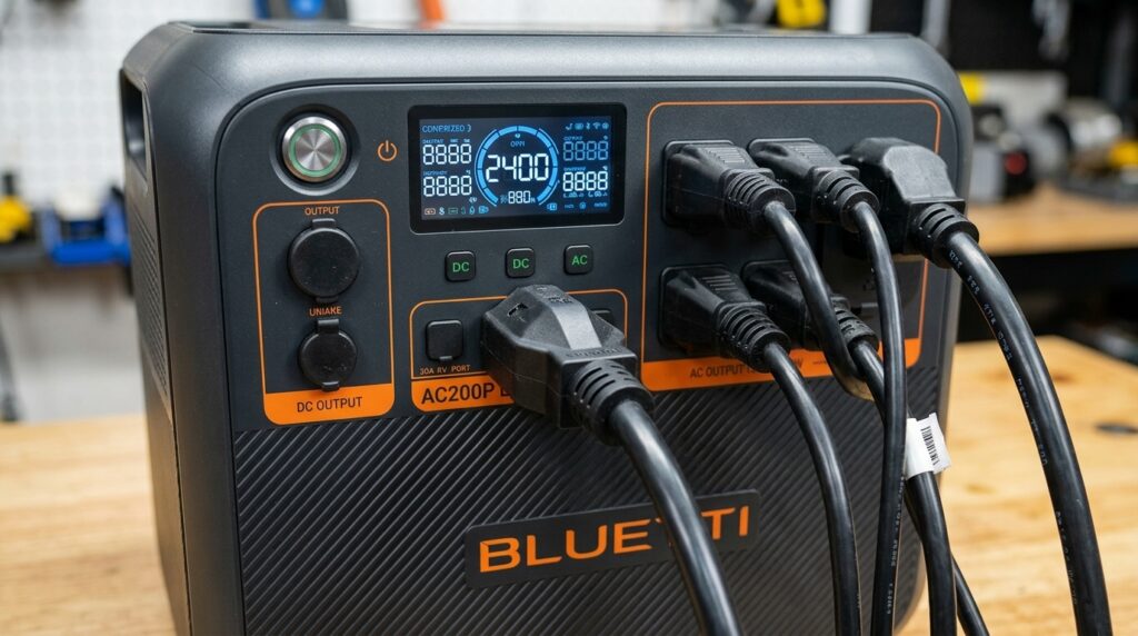 BLUETTI AC200PL digital display showing 2400W of AC output and the 30A RV port.