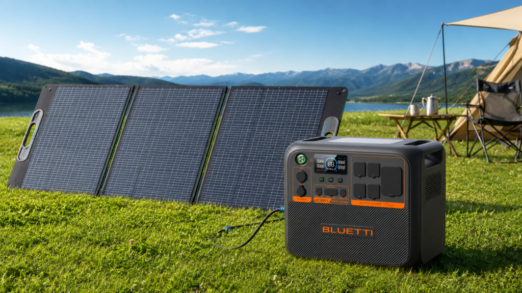 BLUETTI AC200PL solar generator accepting 1200W of solar input off-grid.