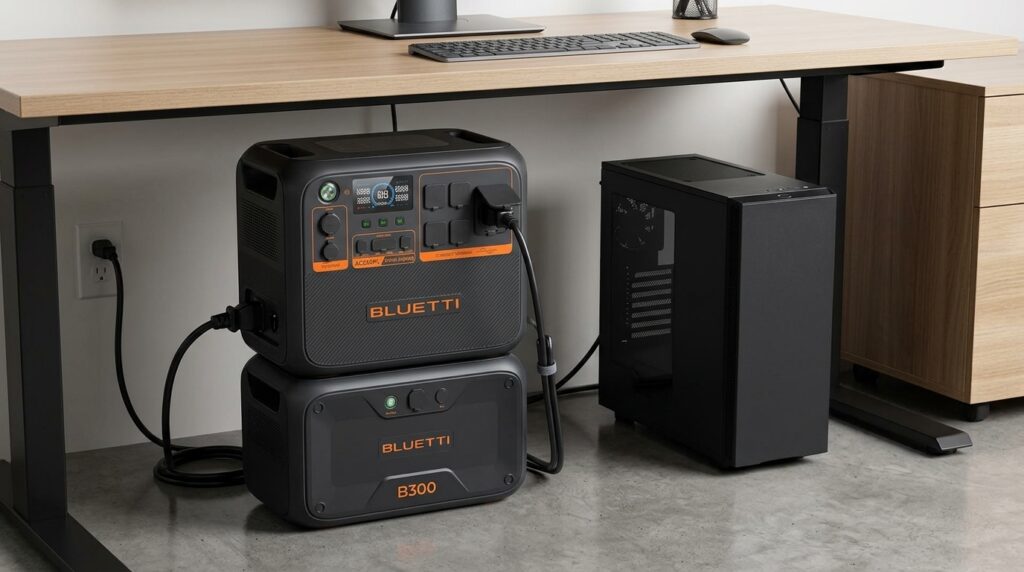 BLUETTI AC200PL with an expansion battery acting as a UPS backup for a home office.