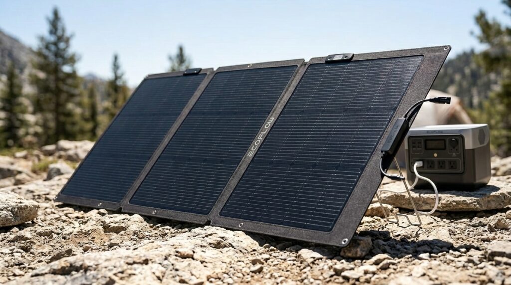 The EcoFlow 160W NextGen portable solar panel with built-in kickstands charging a power station outdoors.