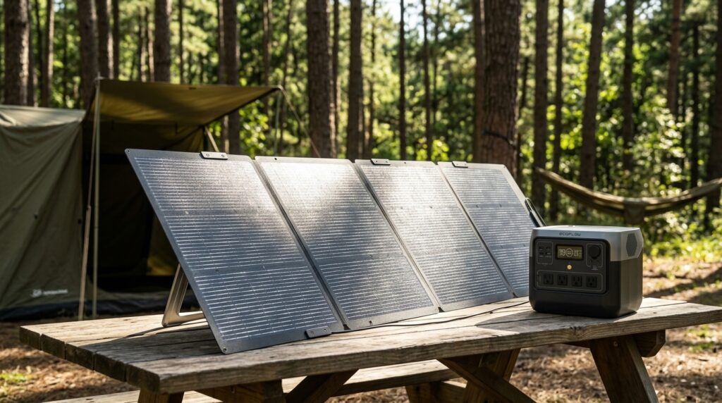 EcoFlow 220W NextGen solar panel charging the EcoFlow RIVER 2 Pro power station at a campsite.
