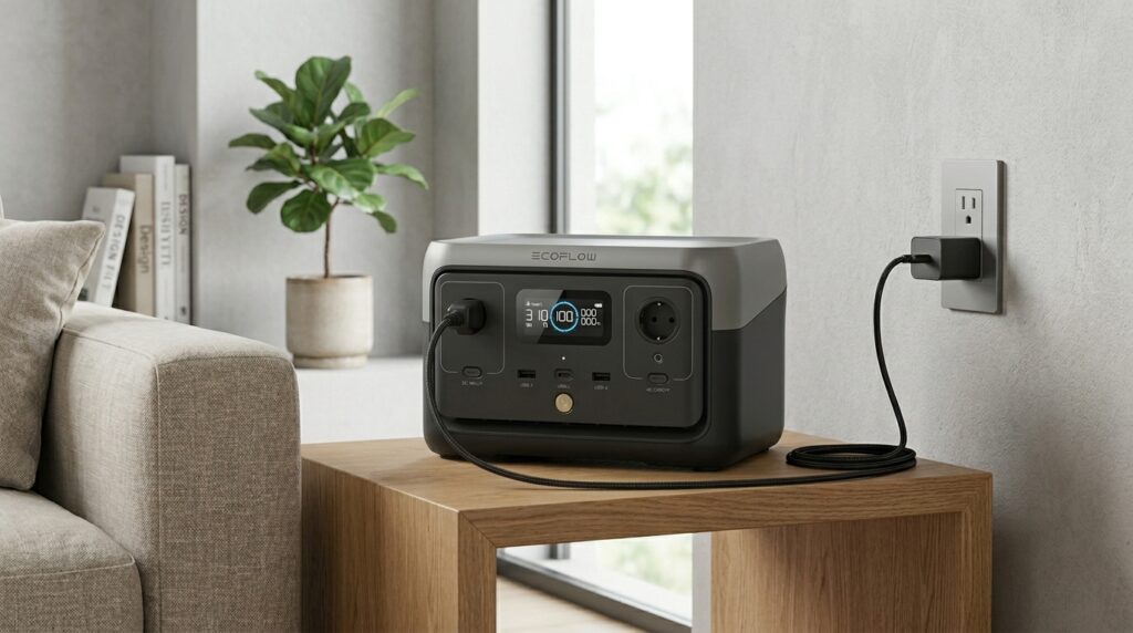 EcoFlow RIVER 2 portable power station fast charging from an AC wall outlet in 60 minutes.