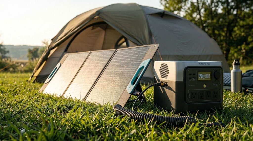 Renogy 200W portable solar panel with blue handles set up for off-grid camping.