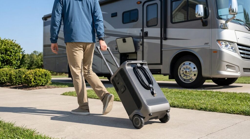 Examining the suitcase-style wheels and portability in our anker solix f3800 review.