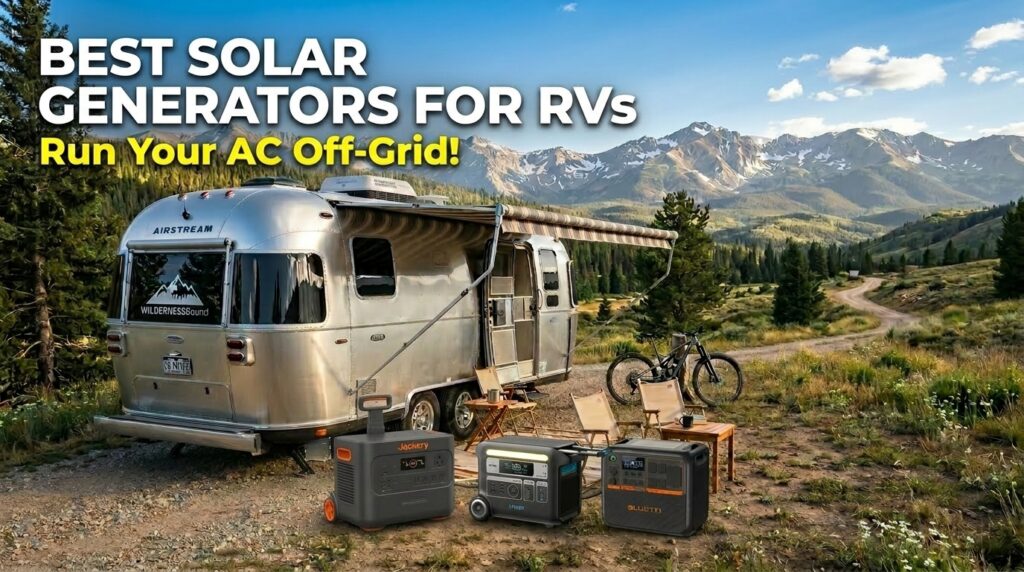 Three heavy-duty portable power stations next to an Airstream travel trailer representing the best solar generator for RV camping off-grid.