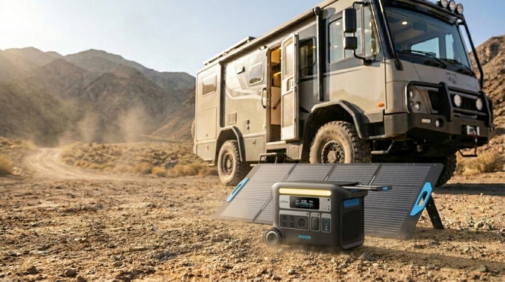 Anker SOLIX F2000 bundle with a foldable solar panel set up next to an RV as the best solar generator for RV.