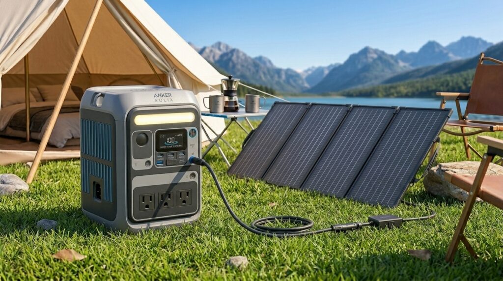 Anker SOLIX C300 connected to solar panels representing the best solar panels for anker solix c300