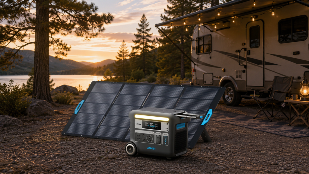 A beautiful RV camping setup featuring the best solar panels for Anker SOLIX F2000 charging off-grid at sunset.