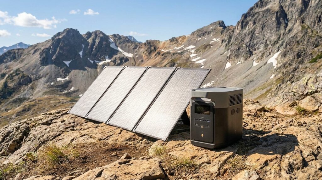 Best solar panels for EcoFlow DELTA 2 Max set up on a mountain for off-grid charging.