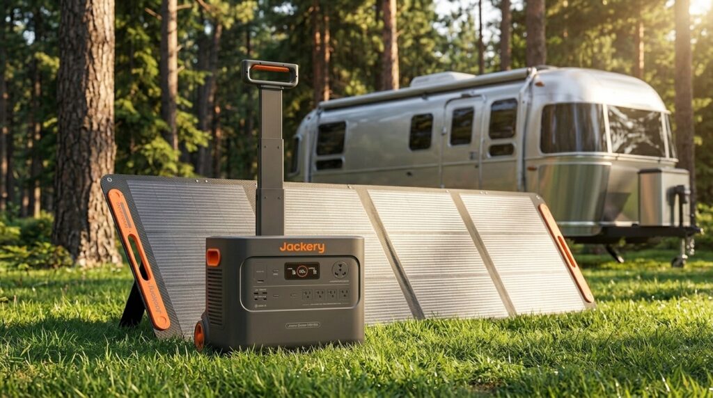 A beautiful outdoor camping setup showing the SolarSaga 200W as the best solar panels for Jackery 2000 Plus.