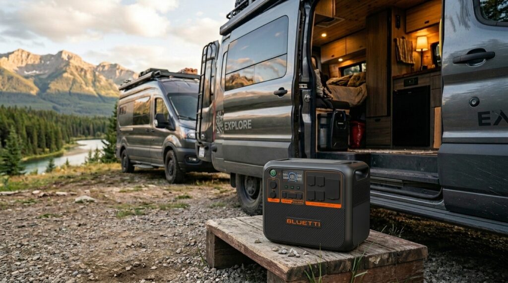 BLUETTI AC200PL portable power station sitting outside a camper van as the best solar generator for RV.